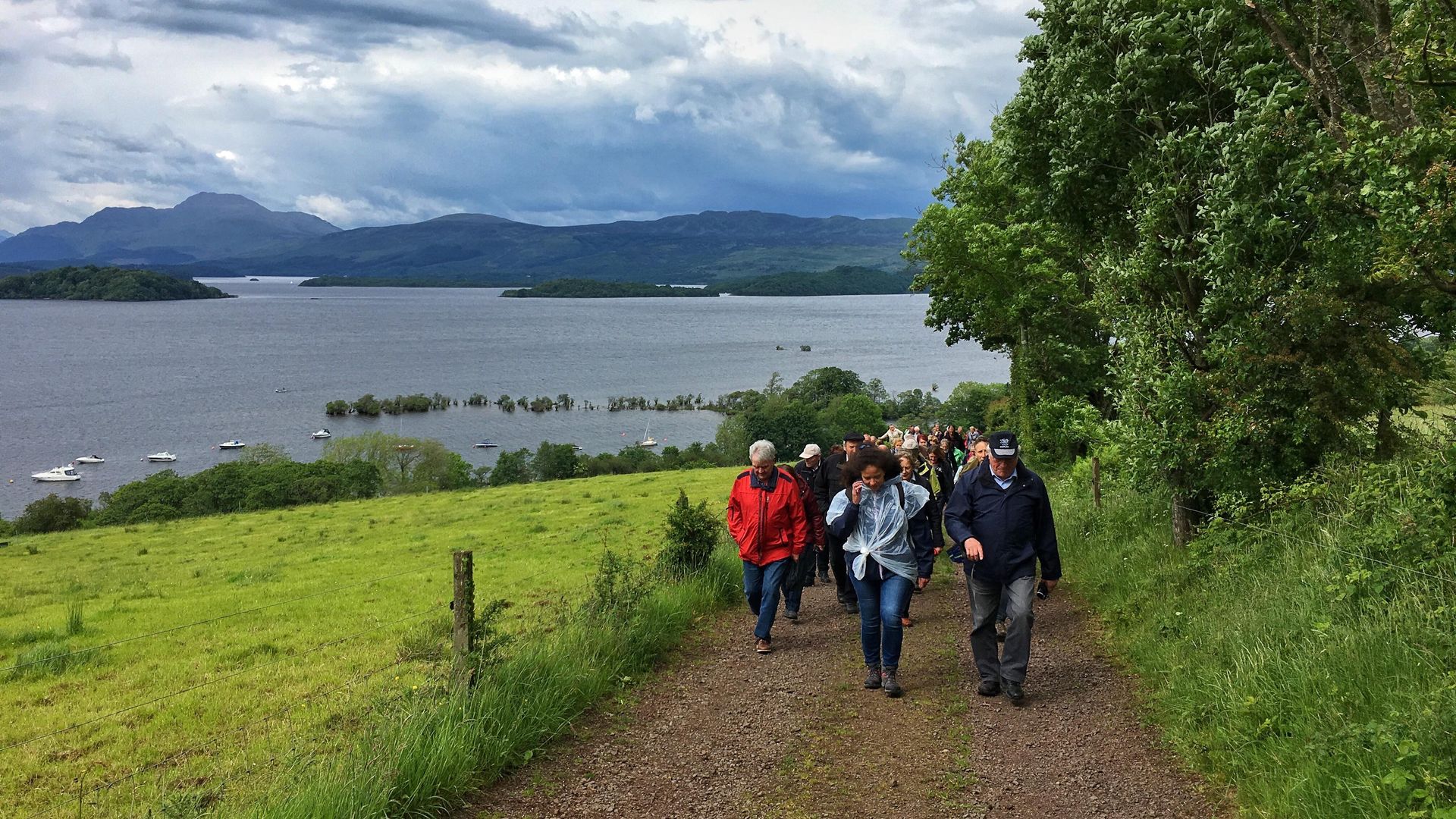 A group of visitors walking along a farm track above Loch Lomond, with hills across the water