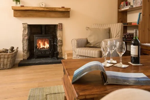 A lit wood-burning stove in the sitting room, with a basket of logs beside it