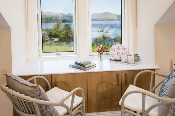 A bedroom window seat looking out to the loch and its islands